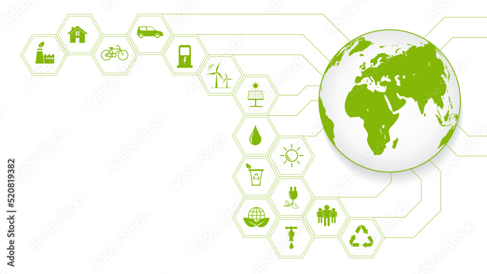 绿色商业模板背景，带有环保和可持续发展概念的图标，带平面