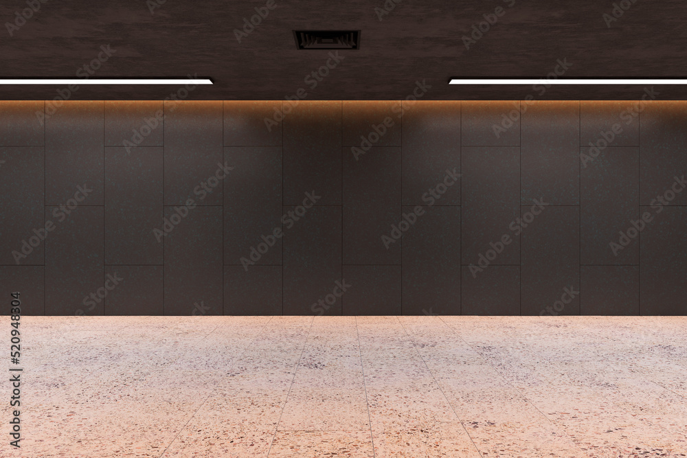 创意黑色地下走廊内部，墙上有空的实体模型。通道概念。3D Re