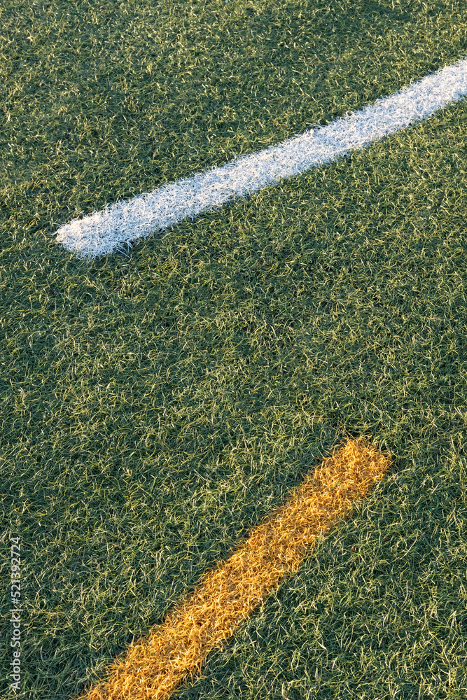 绿色草地，彩色线条纹理背景。夏季活动。人造网球场