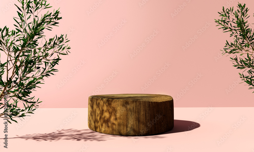 带树叶的木制讲台-3D渲染