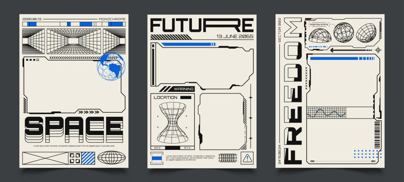 Posters with HUD elements and empty frames. Abstract cyberpunk banner with wireframe 3D figures