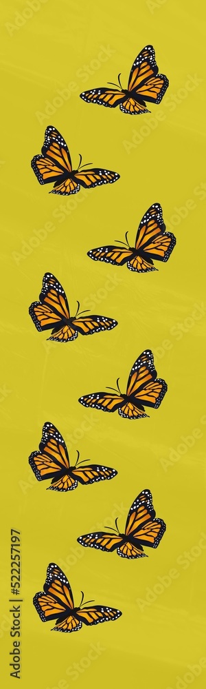 多种彩色蝴蝶在绿色背景下飞翔的构图