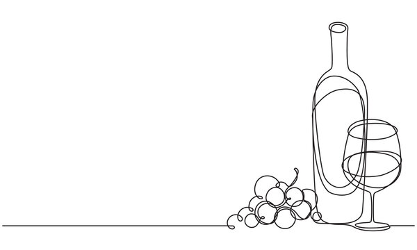 Wine glass, a bottle of wine and grapes. Still life. Sketch. Draw a continuous line. Decor
