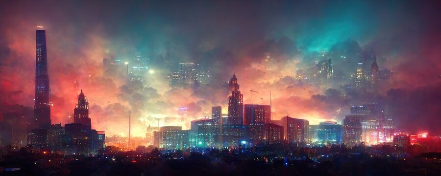 night cityscape in neon light and clouds. Generative AI