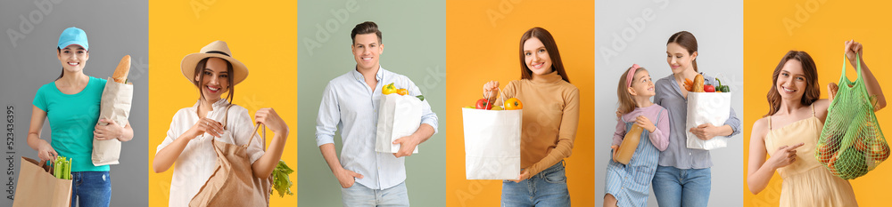 一群人拿着彩色背景的食品袋和新鲜产品