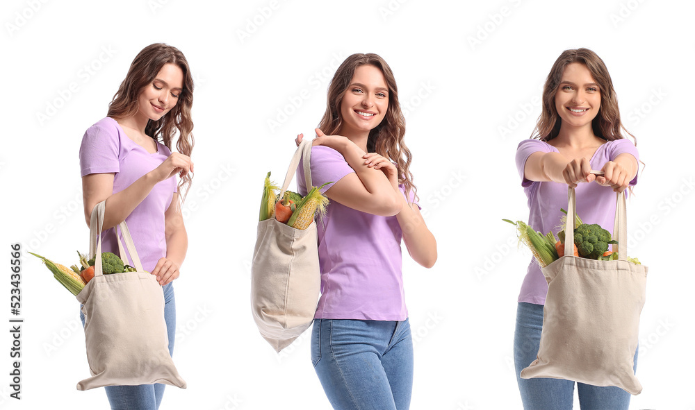 白色背景下，年轻女性与杂货袋中的新鲜产品的拼贴画