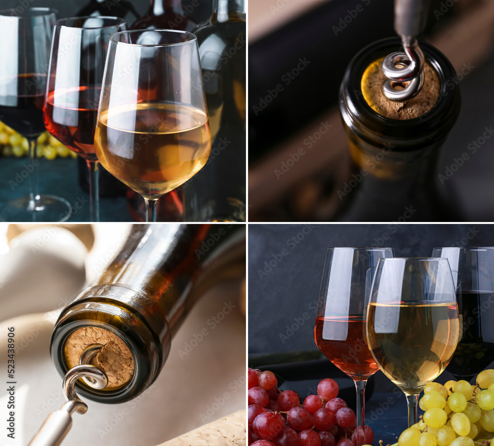 Collage of glasses and bottles with delicious wine and corkscrew