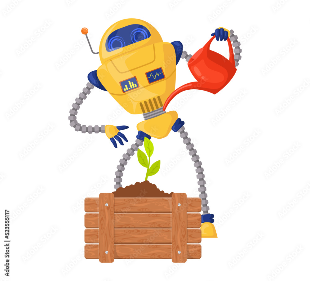 Robot assistant watering plant vector flat icon