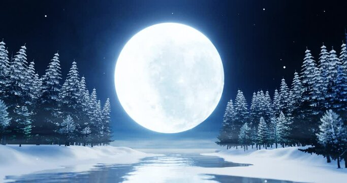 bright blue full moon at night the sky is clear at the pine forest on the mountain snow at the beginning of winter and there are reflections on the water. 3D rendering