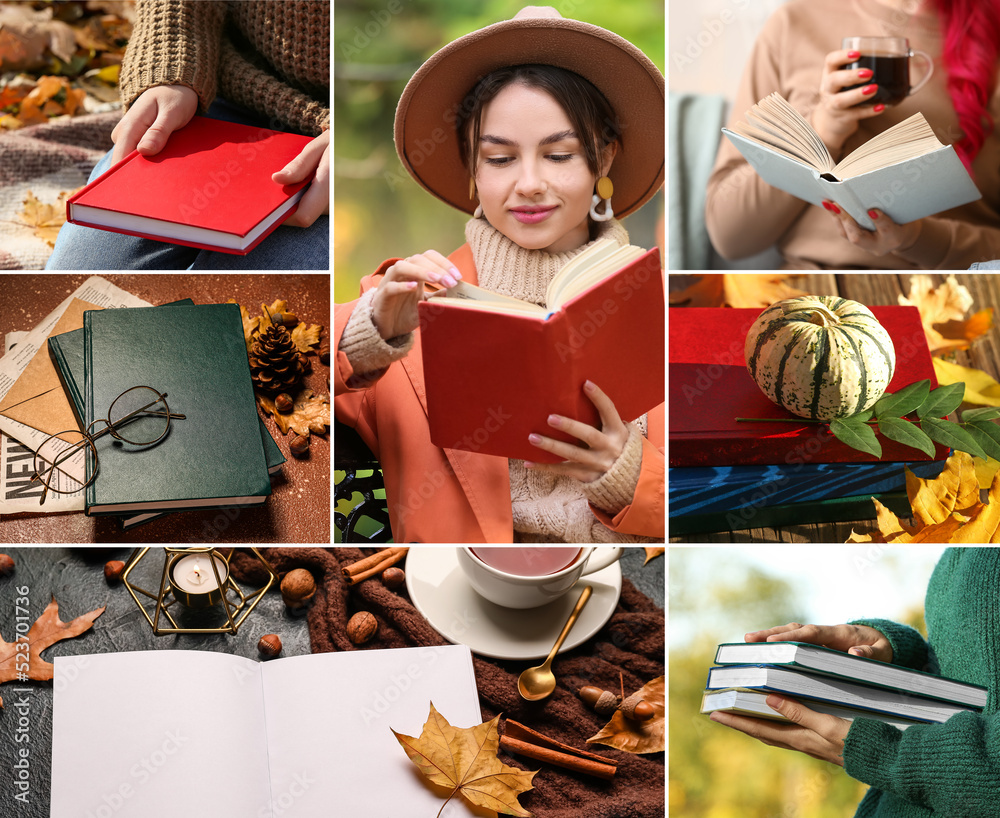 年轻女性与书籍的秋季拼贴画