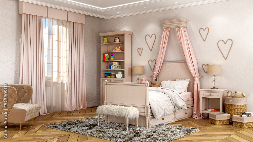 粉色和米色柔和色调的舒适女孩儿童房，3d插图