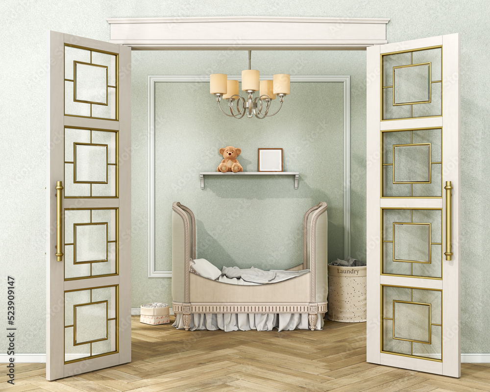 Doors are opened to a nursery with cozy cot and children room decoration, 3d illustration
