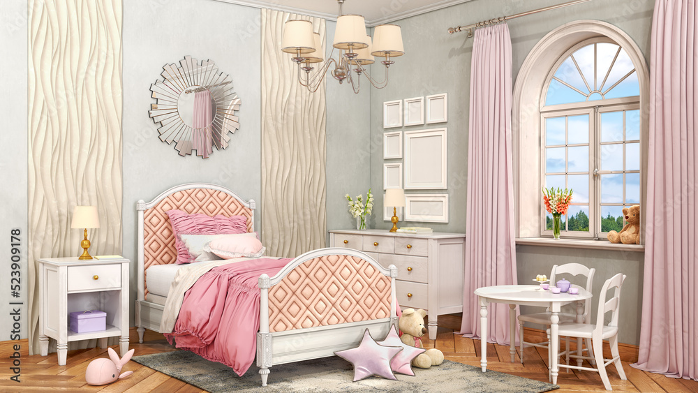 现代时尚女孩儿童房，色调明亮，粉红色柔和，配有鲜花、玩具和茶具