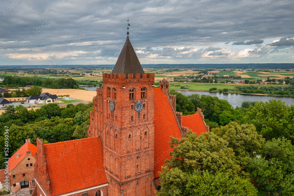 Aerial view of the old town with the Teutonic castle and the church in Nowe by the Vistula river. Po