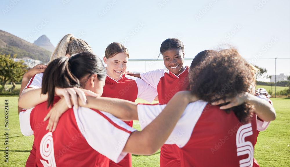 Female soccer, football or team huddle for support, motivation or celebration circle on sports field
