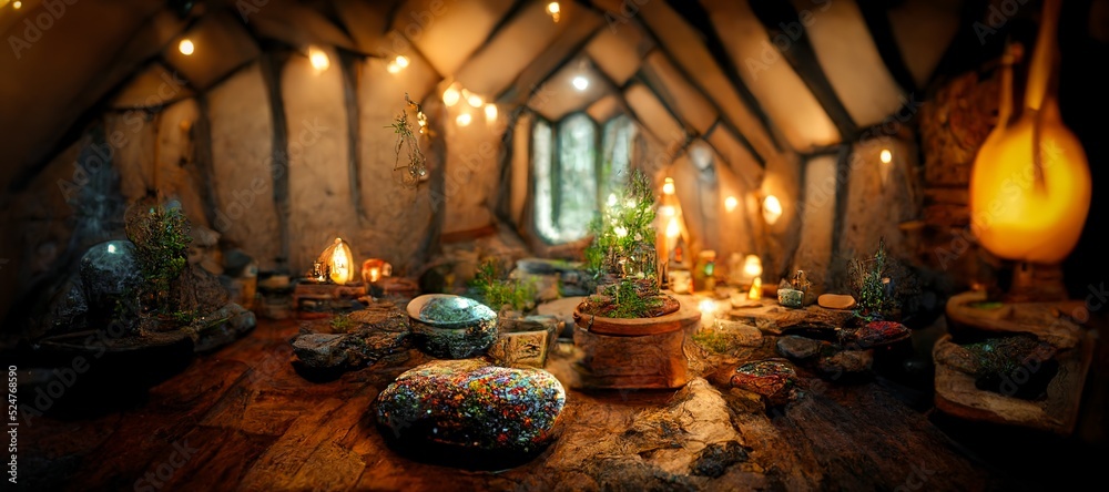 一座梦幻般的中世纪小屋内部的壮观照片，里面摆满了植物、家具和长椅