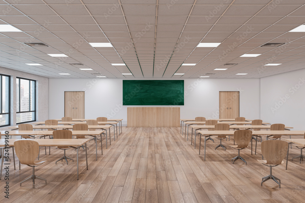 Luxury wooden classroom interior with furniture and blackboard, windows with city view. Back to scho