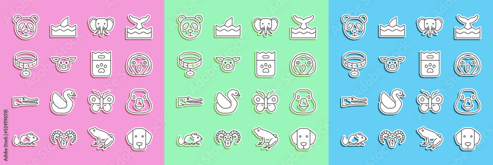 Set line Dog, Goose bird, Owl, Elephant, Pig, Collar with name tag, Cute panda face and Bag of food 