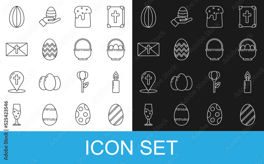 设置复活节彩蛋、燃烧的蜡烛、复活节彩蛋篮子、蛋糕、贺卡Happy和icon.V