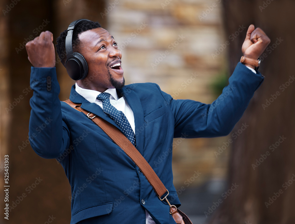 Businessman, happy and headphones of a worker or employee enjoying wireless connectivity in the outd