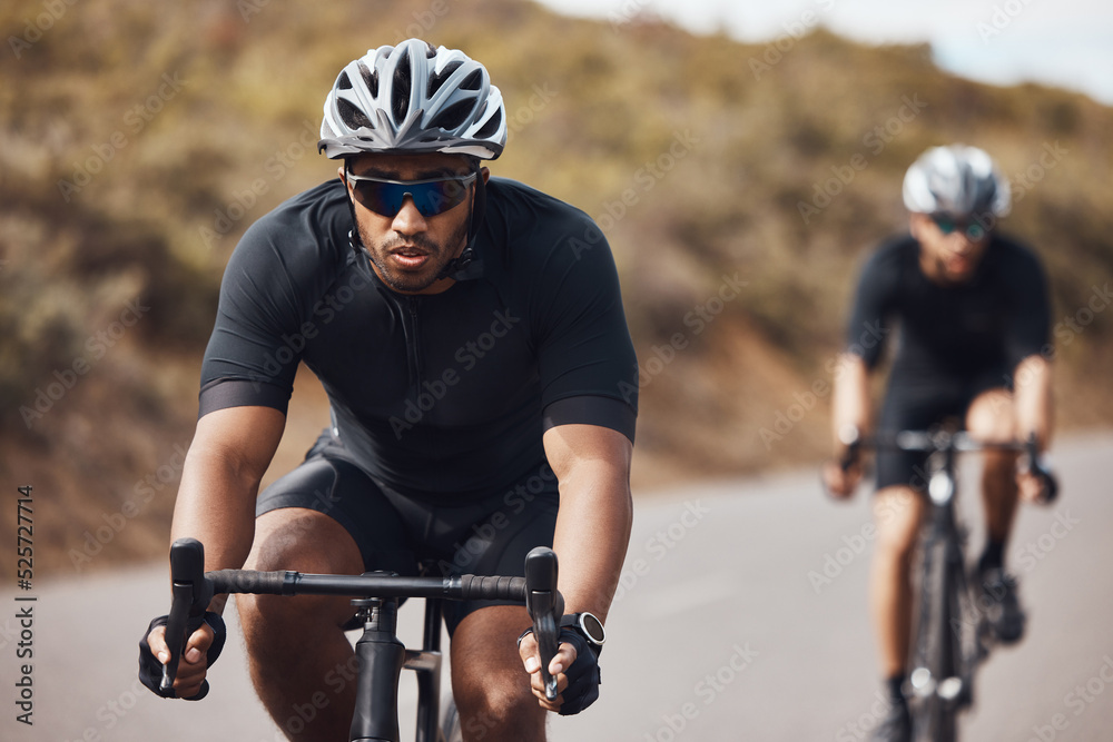 Training, energy and fitness with cyclists exercise on bicycle outdoors, practice speed and enduranc