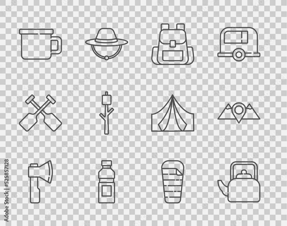 套装木斧，带柄水壶，徒步旅行背包，一瓶水，露营金属杯，沼泽