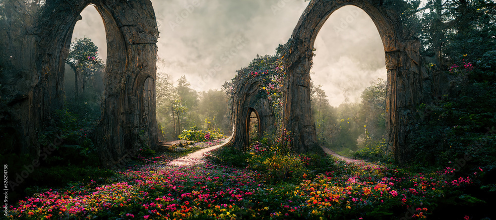 奇幻童话森林景观中间藤蔓覆盖的壮观拱门，朦胧中