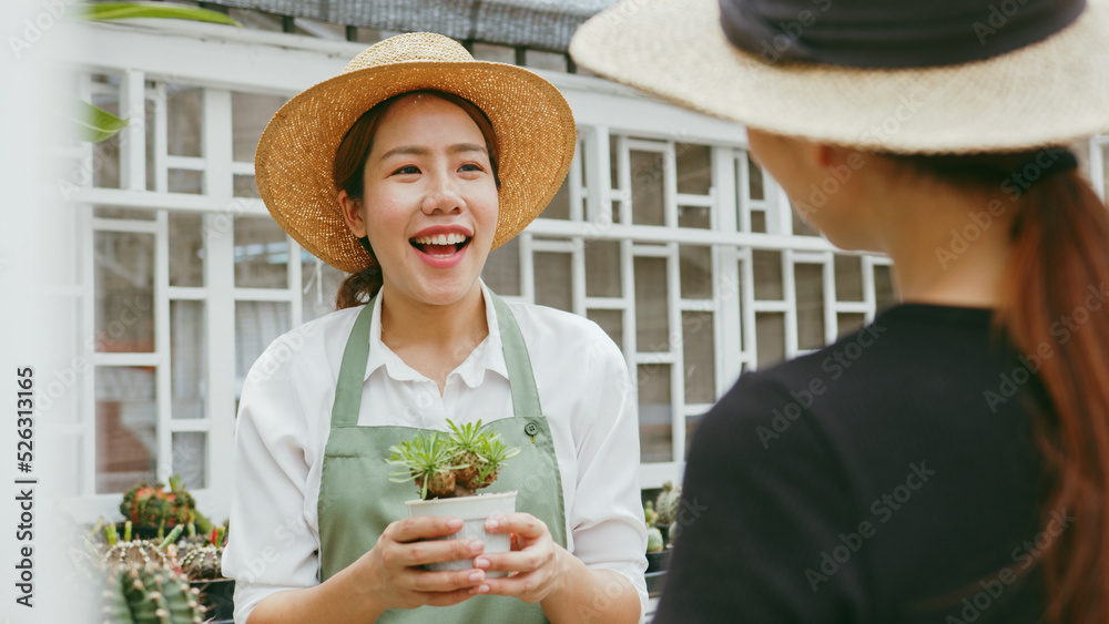 年轻的亚洲女性中小企业小企业企业家在仙人掌计划中向客户展示并销售仙人掌