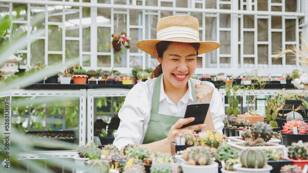 年轻的亚洲女性中小企业小企业企业家使用移动智能手机获取订单和销售