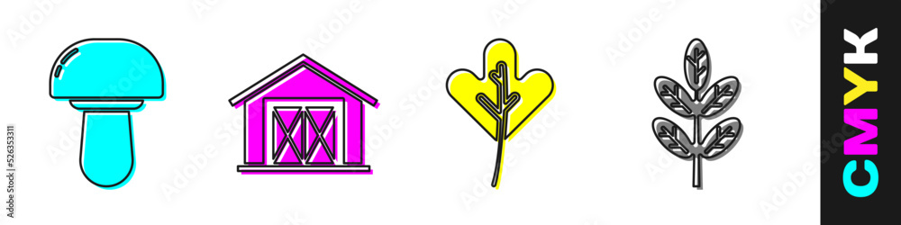 Set Mushroom, Farm house, Leaf or leaves and Leaf or leaves icon. Vector