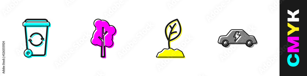 Set Recycle bin, Tree, Sprout and Electric car icon. Vector