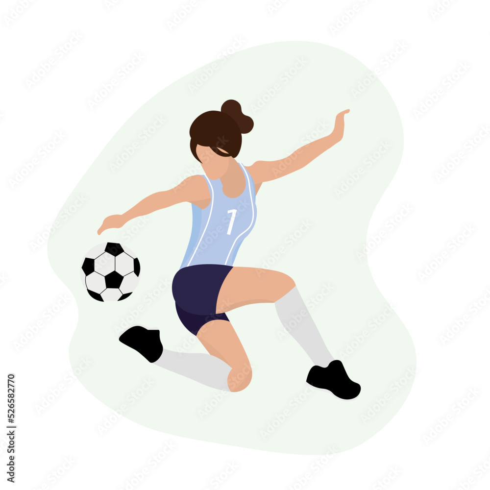 在白色背景下踢足球的女人
