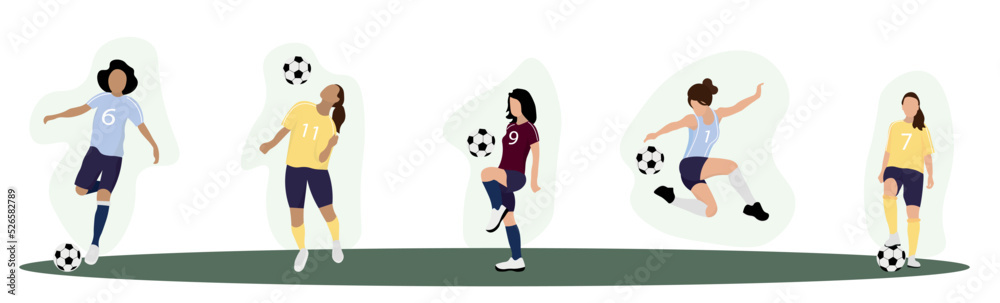 一组在白色背景下踢足球的女性