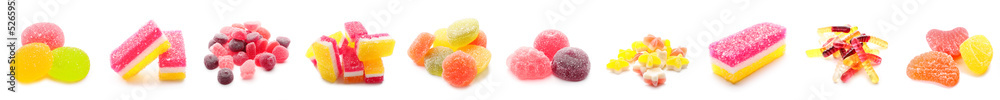 Set of tasty jelly candies on white background