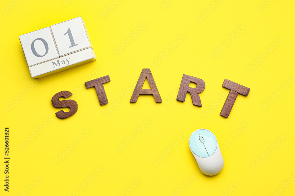 Word START，黄色背景，带日历和电脑鼠标