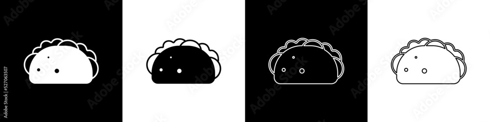 Set Taco with tortilla icon isolated on black and white background. Traditional mexican fast food me