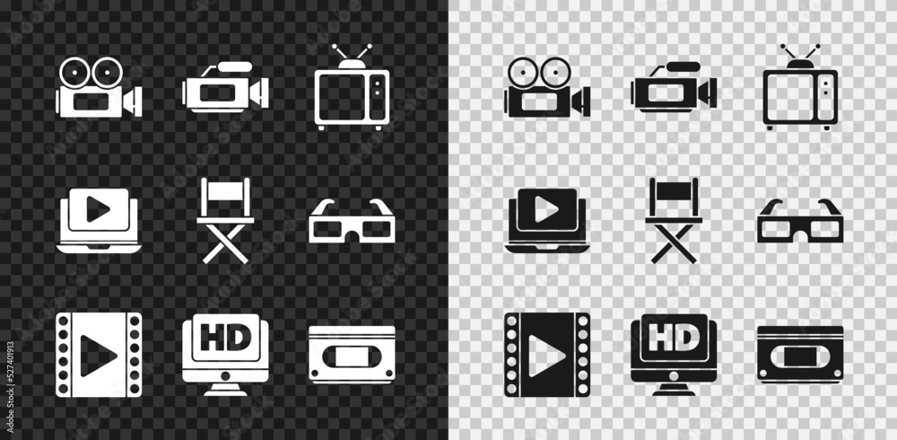 设置影院摄像机、复古电视、播放视频、高清视频监视器、VHS盒式磁带、在线播放和D