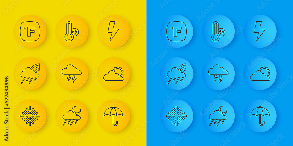 设定线雪花，有云有雨的彩虹，风暴，雨伞，太阳天气，华氏度，闪电