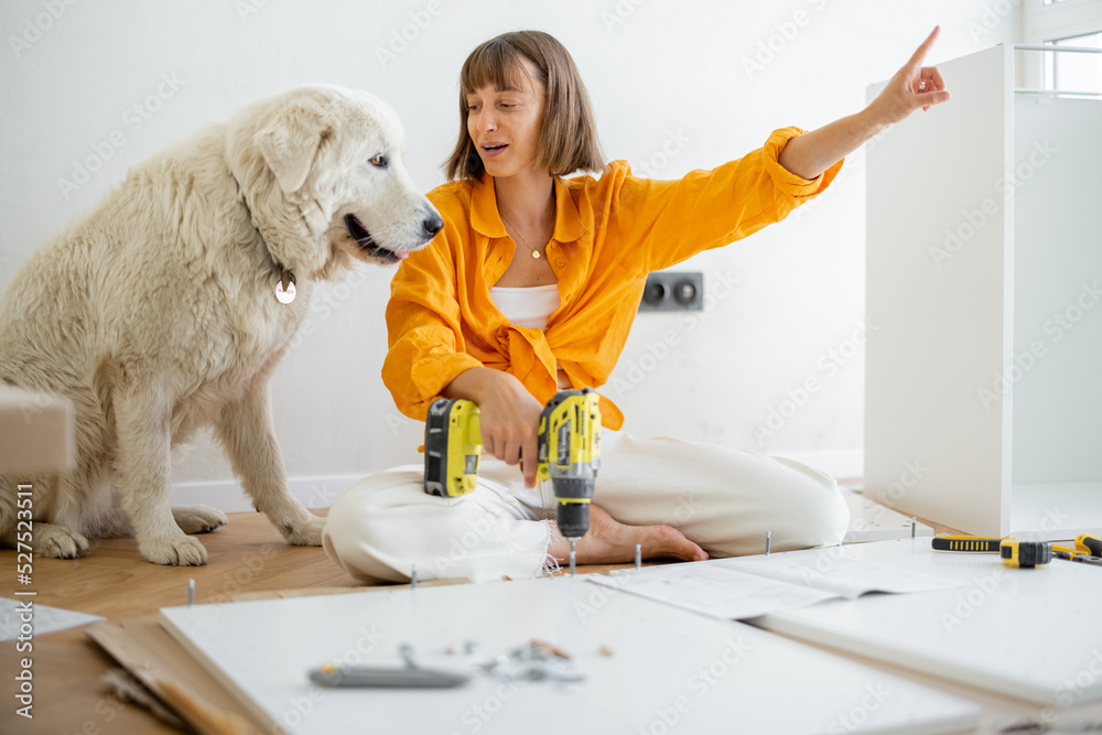 一位年轻女士自己组装家具，坐在新公寓里和她的可爱小狗玩得很开心