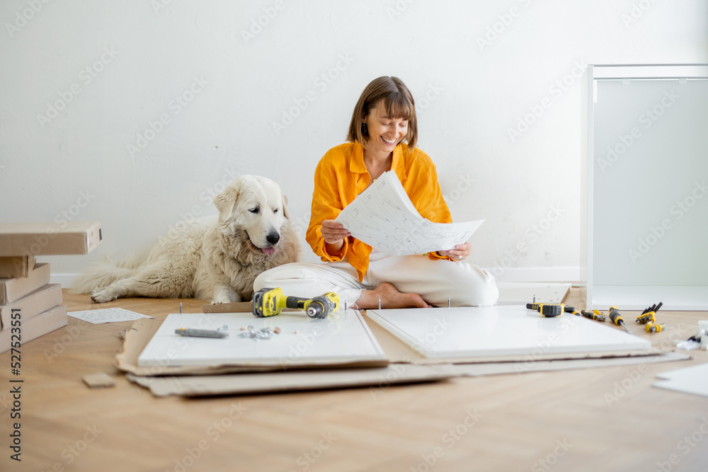 年轻女子在新公寓里自己组装家具，和狗坐在一起阅读手册。DI