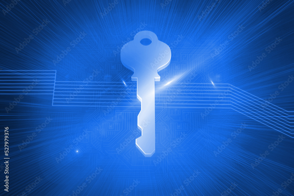 Glowing key on blue background