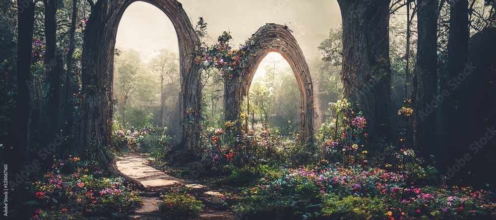 奇幻童话森林景观中间藤蔓覆盖的壮观拱门，雾气弥漫