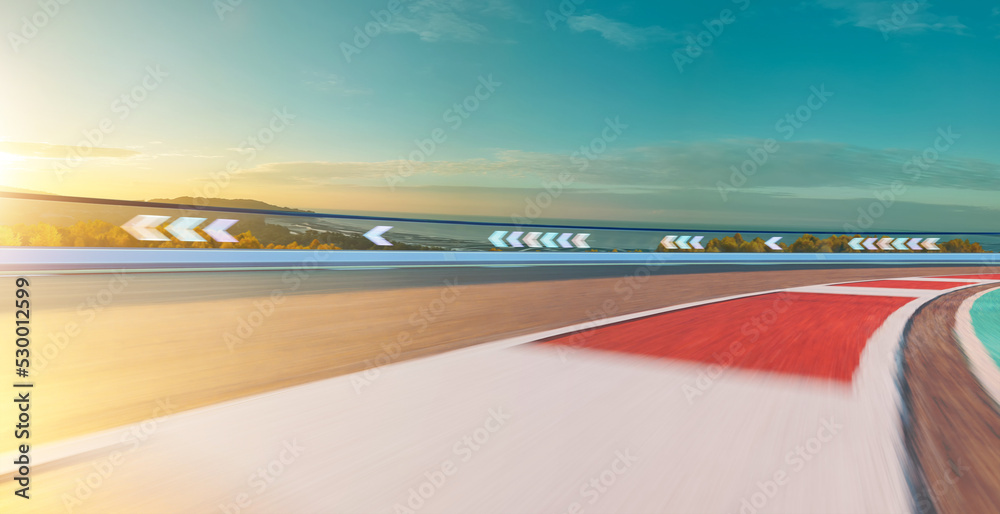 日出场景未来赛道的3d渲染赛车概念