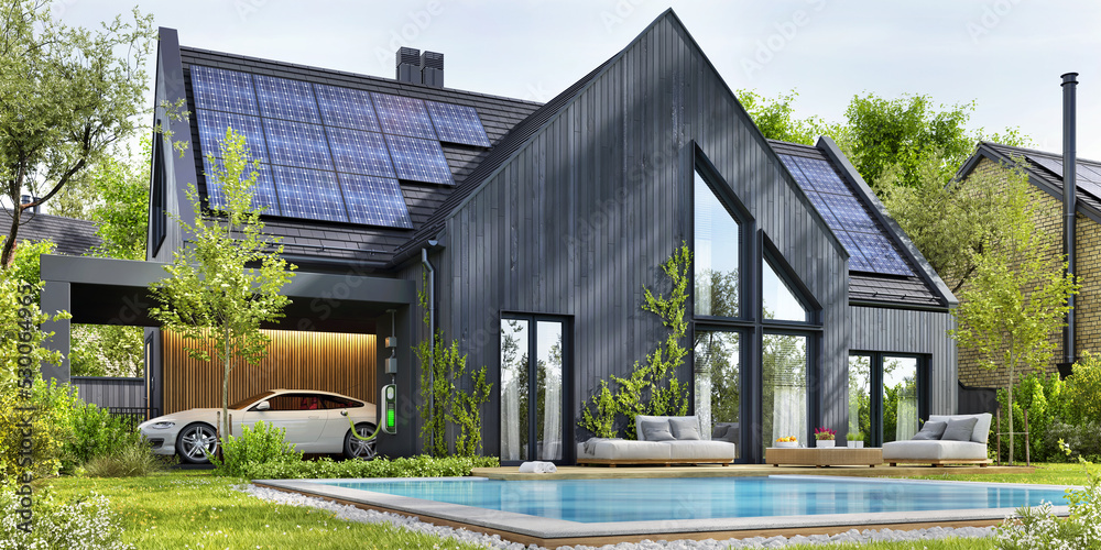 现代建筑的房子。带太阳能充电站和电动汽车的房子设计