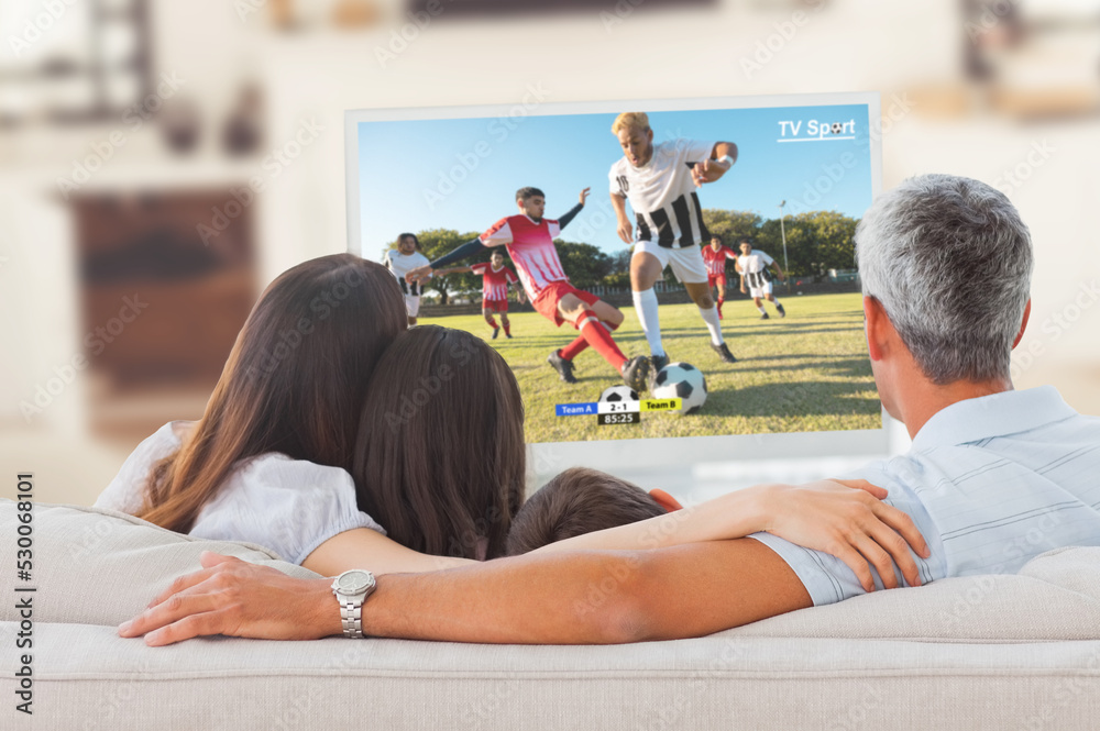 高加索家庭看电视，屏幕上有足球比赛