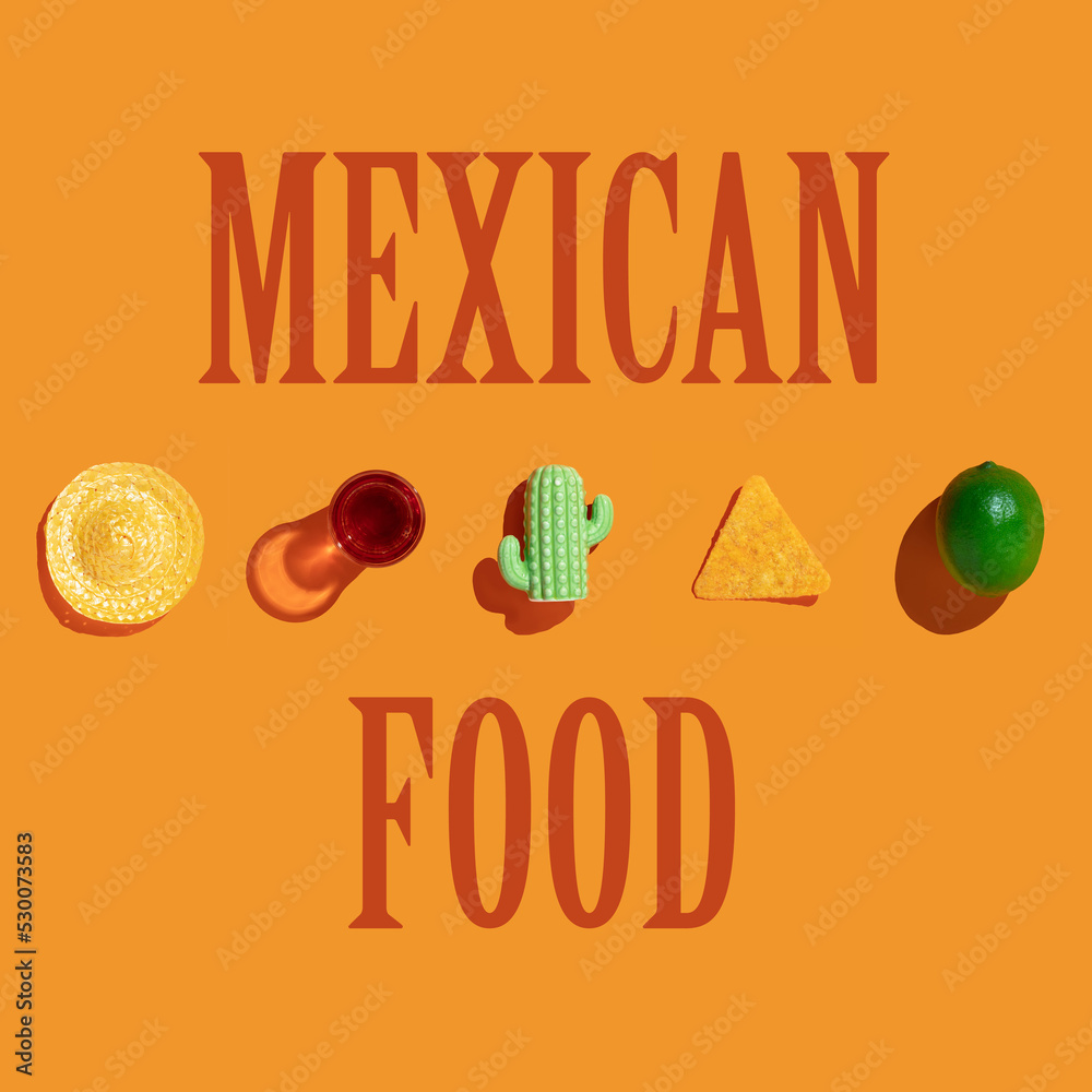 橙色背景下的墨西哥风格概念。墨西哥美食。餐厅菜单、节日、庆祝活动