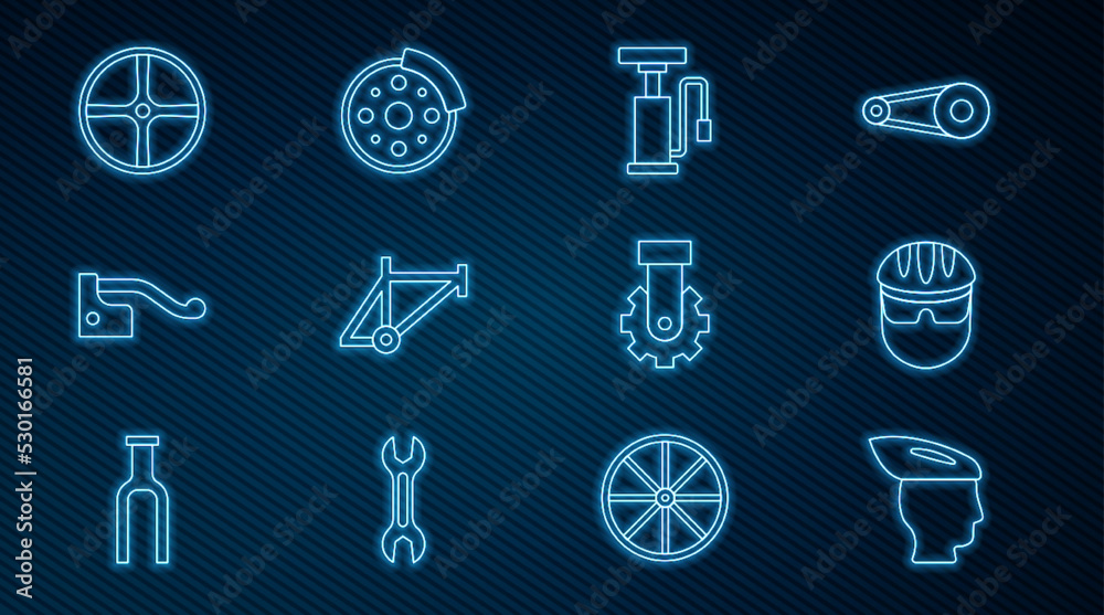 Set line自行车头盔、气泵、车架、制动器、车轮、Deraileur自行车后部和圆盘图标。Vecto