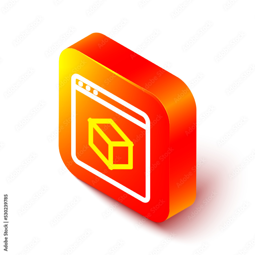 Isometric line 3D printer icon isolated on white background. 3d printing. Orange square button. Vect
