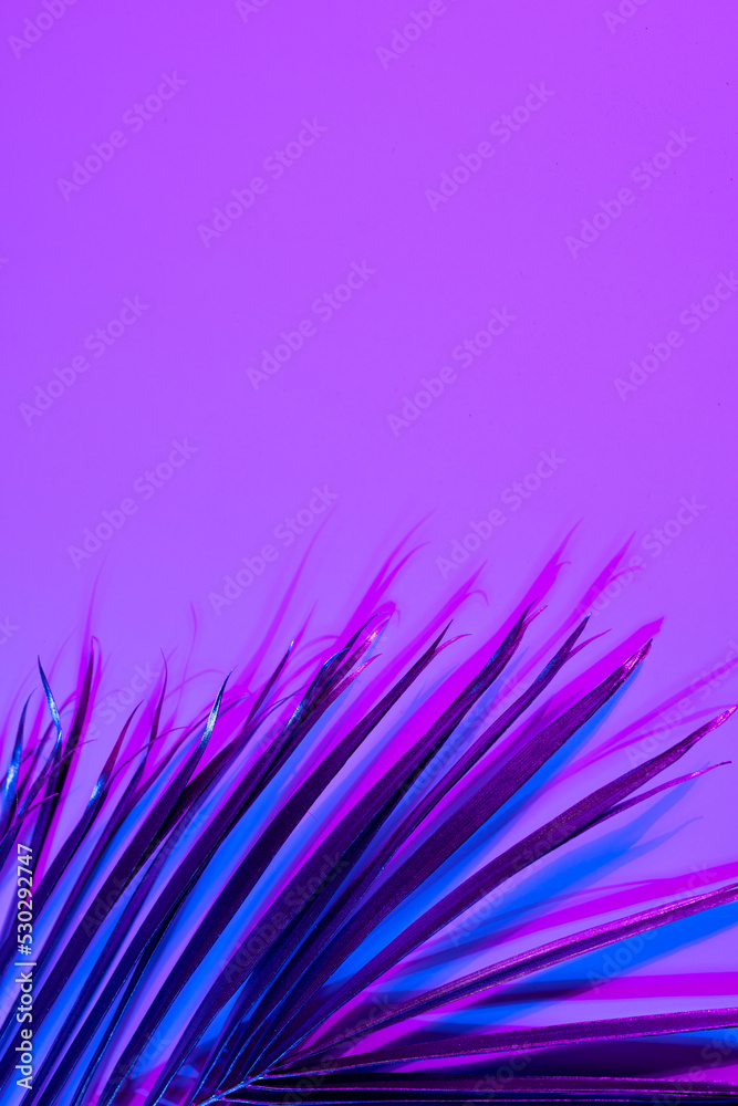 Image of vibrant neon lit blue to pink leaf over purple background with copy space