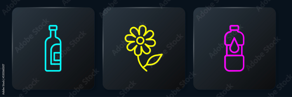 Set line Bottle of wine, water and Flower. Black square button. Vector